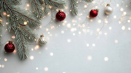 High-quality modern festive background with pine decor and fairy lights.