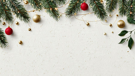 Minimalist holiday design with pine branches, fairy lights, and clean layout.