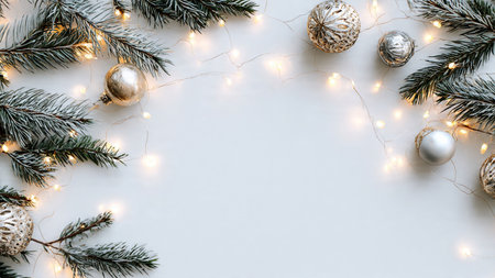 Clean white Christmas background with pine branches and modern accents.の写真素材