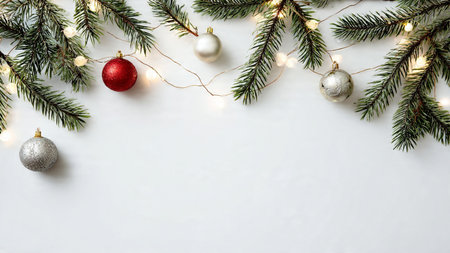 High-quality modern Christmas background with pine greenery and fairy lights.
