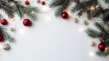 Minimalist festive background with pine branches and elegant lighting design.