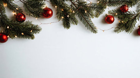 Modern Christmas backdrop with pine branches and clean design.