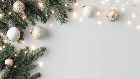 Elegant minimalist Christmas background with pine branches and soft glow.