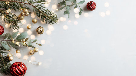 Elegant holiday background with pine branches and minimalist styling.