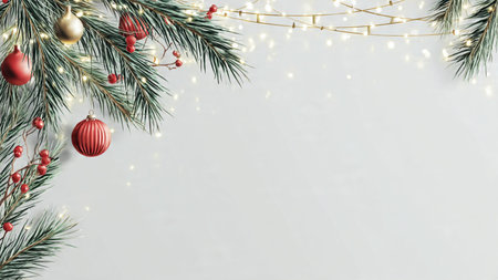 Elegant modern Christmas background with pine greenery and subtle ornaments.
