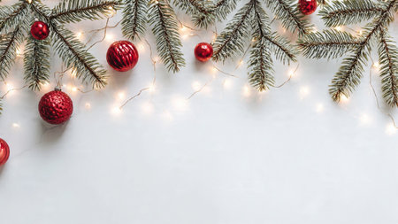 Elegant holiday background with pine greenery, ornaments, and fairy lights in modern style.