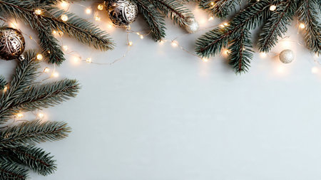 High-resolution modern background with pine greenery and fairy lights.