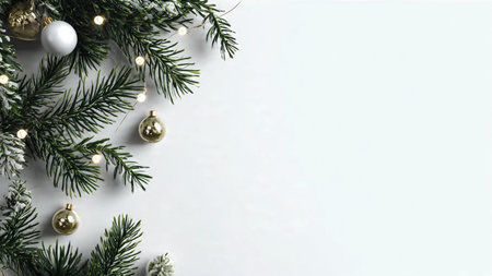 Minimalist holiday background with pine branches, delicate ornaments, warm fairy lights, and copy...