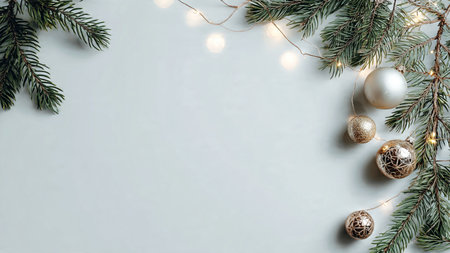 Minimalist holiday background with pine greenery and fairy lights.の写真素材