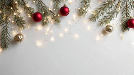 Elegant modern Christmas background with pine branches and glowing fairy lights.の写真素材