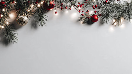 High-resolution modern Christmas background with pine branches and decorative fairy lights.