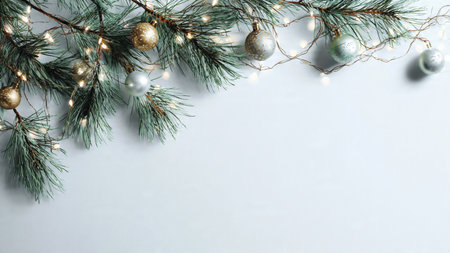 Simple Christmas background design with pine greenery and soft fairy lights.