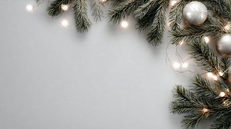 Elegant minimalist holiday background with pine branches and ornaments.の写真素材