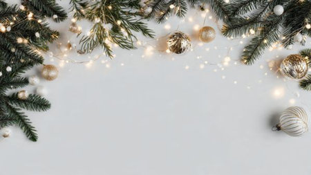 Minimalist festive background with pine greenery and white space.