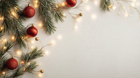 Clean white Christmas background with pine branches and ornaments.