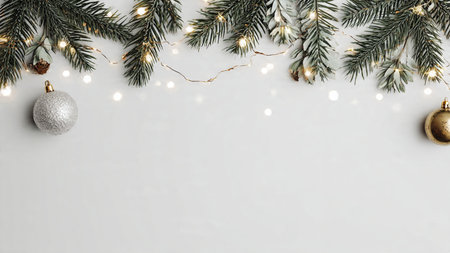 Simple holiday background with pine branches and subtle lights.