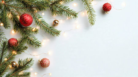 Premium minimalist background with pine branches and festive ornaments.