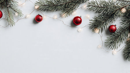 Contemporary minimalist Christmas background with pine branches and ornaments.