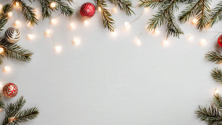 Simple minimalist Christmas background with pine greenery and warm lighting.