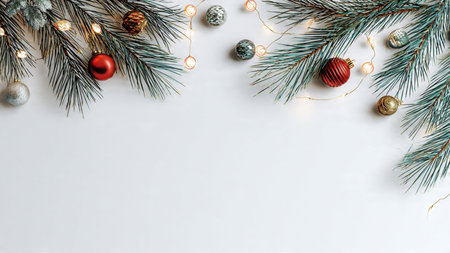 High-quality festive background with pine branches and modern design.の写真素材
