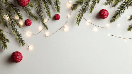 Clean modern Christmas background with pine greenery and fairy lights.の写真素材