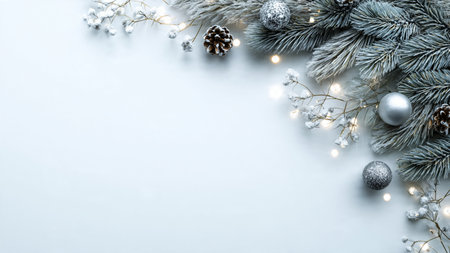 Modern festive background featuring pine branches, ornaments, and warm fairy lights.