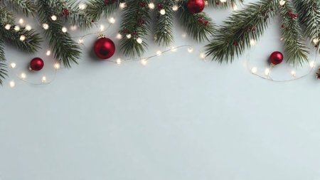 Modern festive background with pine greenery and subtle fairy lights.