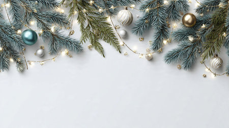 Simple minimalist Christmas background with pine greenery and warm lighting.