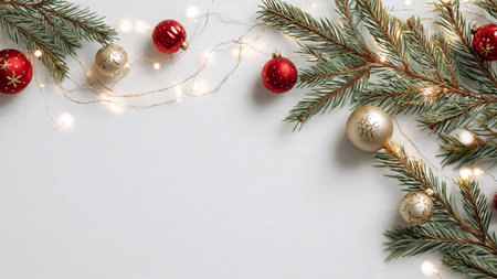 Clean modern Christmas background with pine branches and subtle ornaments.