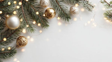 Contemporary minimalist Christmas background with greenery, ornaments, and soft lighting.の写真素材