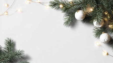 Minimalist Christmas design featuring pine branches and ornaments.の写真素材