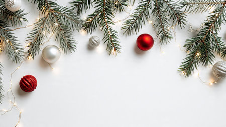 Contemporary festive background with pine branches and minimal decor.