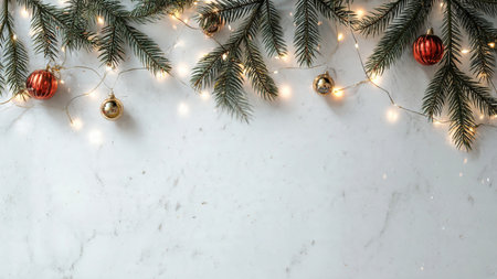 Elegant minimalist Christmas backdrop with pine branches and glowing lights.