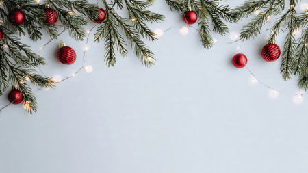 Minimalist festive background with pine branches and elegant lighting design.