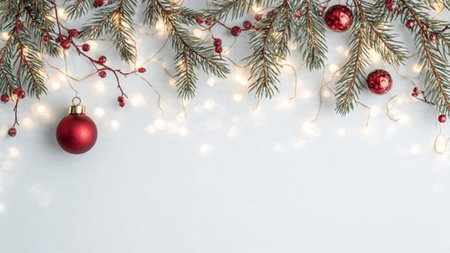 High-quality festive background with pine branches and minimal ornaments.の写真素材