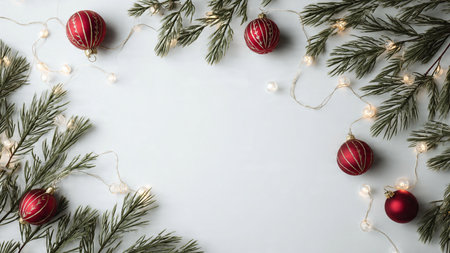 Modern minimalist Christmas background with pine branches, elegant ornaments, fairy lights, and...