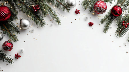 Clean white minimalist holiday background with fairy lights.