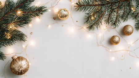 Christmas background with fir branches, golden balls and glowing garland. Flat lay, top view, copy spaceの写真素材