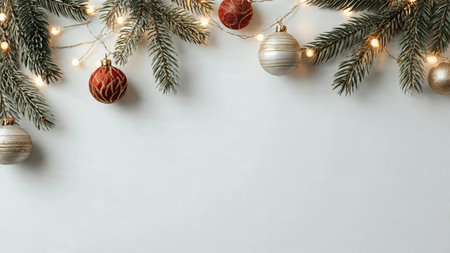 Christmas background with fir tree branches, balls and garland on white backgroundの写真素材