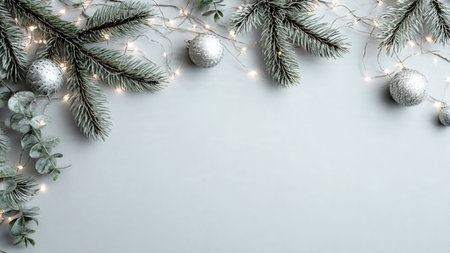Christmas background with fir branches, silver balls and garland lights on grey background. Flat lay, top view, copy spaceの写真素材
