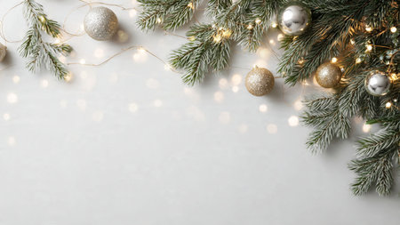 Christmas greeting card. Festive decoration on white wooden background. New Year concept. Copy space.  Flat lay. Top view.