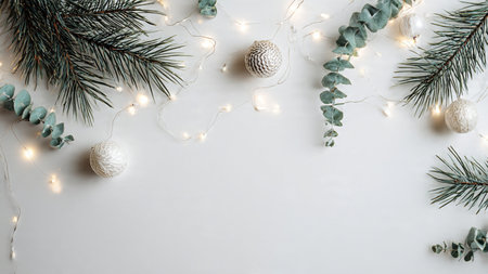 Christmas or New Year flat lay composition. Fir branches, Christmas decorations, garland lights on...