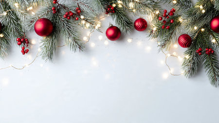 Christmas greeting card. Festive decoration on white wooden background. New Year concept. Copy space.  Flat lay. Top view.の写真素材