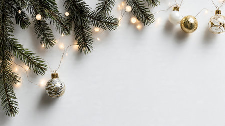 Christmas background with fir tree branches, baubles and lights on white background