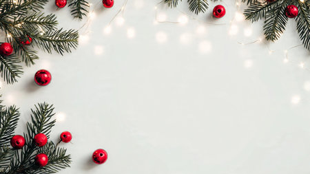 Christmas background with fir branches, red balls and lights on white background