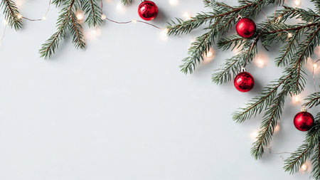 Christmas background with fir branches and red christmas balls. Flat lay, top viewの写真素材