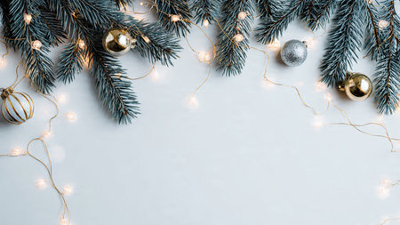 Christmas background with fir branches and Christmas decorations. Flat lay, top view.の写真素材