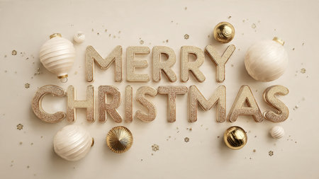 Minimal silver text and icy blue accents balanced with frosted ornaments for a modern festive aesthetic.の写真素材