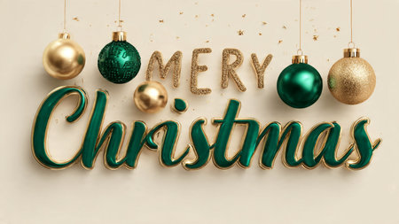 Elegant green Merry Christmas text with gold details and classic festive charm.の写真素材
