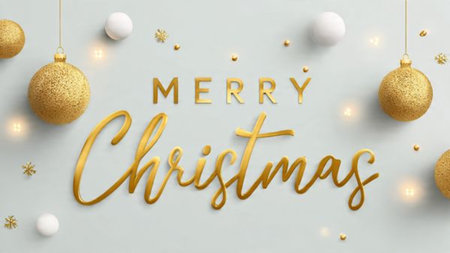 Champagne-gold Merry Christmas typography with smooth ivory ornaments and warm glow.の写真素材